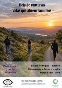 cartaz com paisagem ao por do sol e com três pessoas que seguem caminhos diferentes.