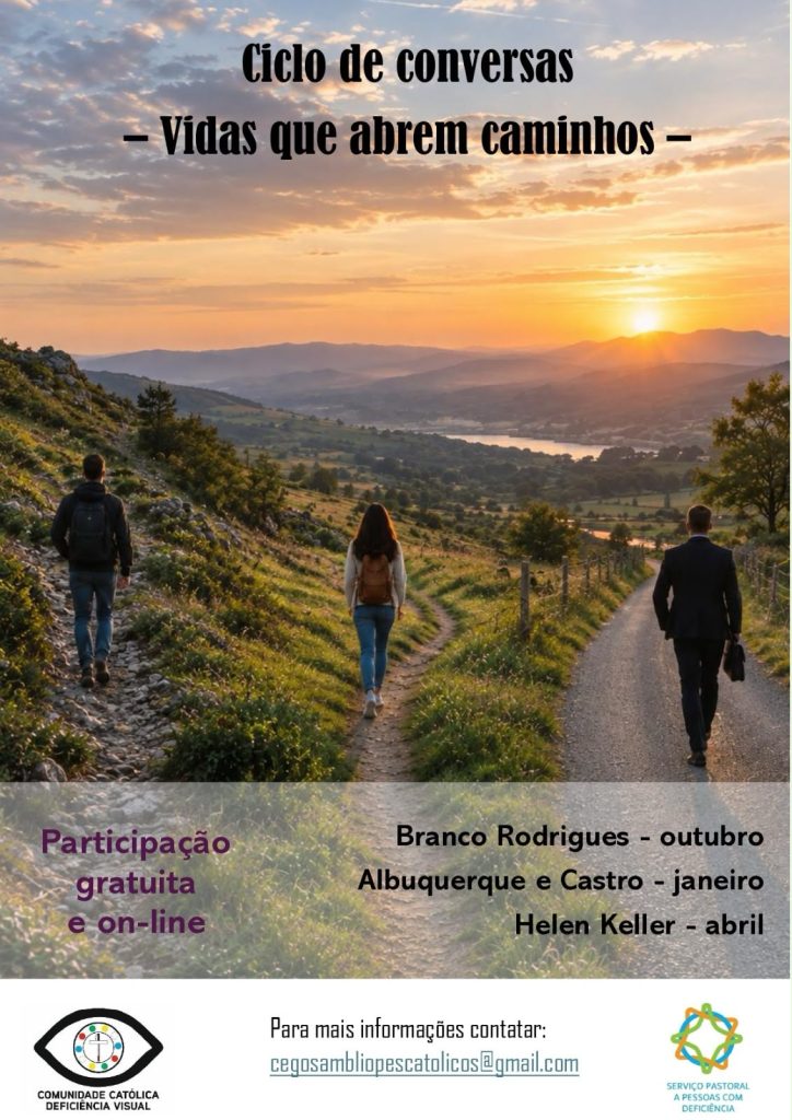 cartaz com paisagem ao por do sol e com três pessoas que seguem caminhos diferentes.